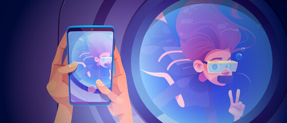Taking photo on mobile phone of woman scuba diver through porthole. Vector cartoon illustration of hands with smartphone and girl in diving suit shows v sign behind round window