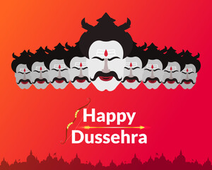 Indian festival Dussehra and Vijayadashmi greeting with golden bow and arrow. Decorative festive background with silhouette of Ravana.