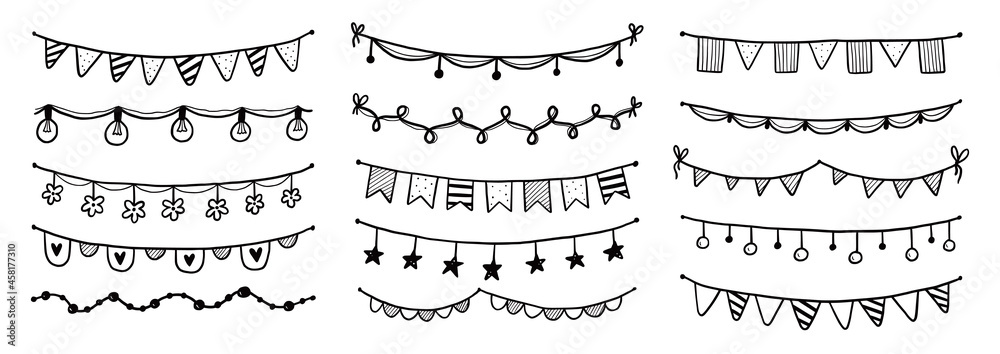 Poster party garland set with flag, bunting, pennant. hand drawn sketch doodle style garland. vector illust - Posters