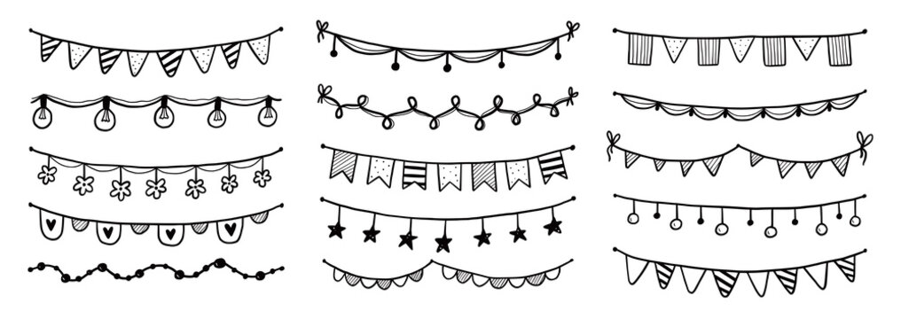 Party garland set with flag, bunting, pennant. Hand drawn sketch doodle style garland. Vector illustration for birthday, festival, carnival drawn decoration.