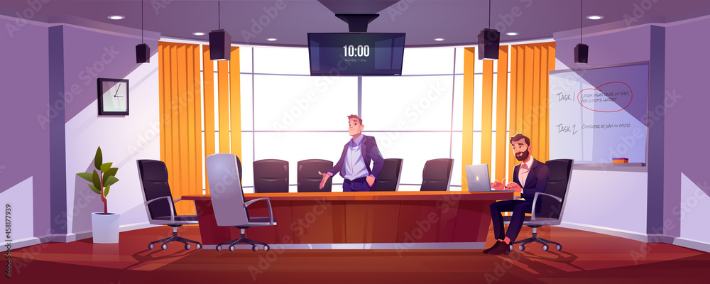 Wall mural Job hire, hr manager, employer invite candidate in office vacant place. Businessman with laptop sit at desk reading applicant cv or head hunting. Human resources recruiting Cartoon vector illustration