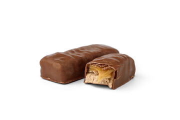 Broken chocolate bar with nougat and caramel isolated on white background.