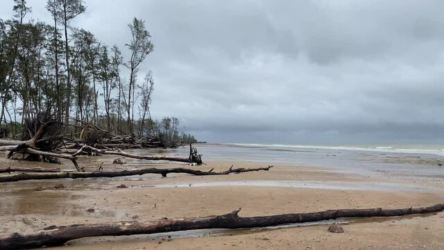 Dark thunderstorm clouds in the empty beach of Tajpur. Scenic coast of Digha, Tajpur and Mandarmani beach. Footage of cyclone YAAS just before hitting Digha, West Bengal.