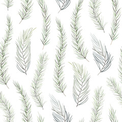 Christmas floral seamless pattern with delicate branches, watercolor holiday illustration isolated on white background for textile, wallpaper or wrapping paper.