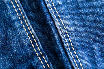 Blue denim, background. Stylish jeans, macro, design
