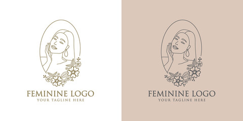 Hand drawn feminine woman beauty minimal face and floral botanical logo template for makeup spa salon skin & hair care line art