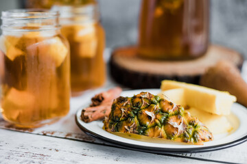 ingredients for Tepache Mexican fermented beverage made with pineapple, panela and cinnamon traditional in Mexico city