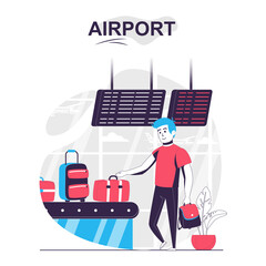Airport isolated cartoon concept. Man takes his luggage at airport baggage claim area, people scene in flat design. Vector illustration for blogging, website, mobile app, promotional materials.