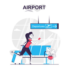 Airport isolated cartoon concept. Woman with luggage hurries to board plane, traveling people scene in flat design. Vector illustration for blogging, website, mobile app, promotional materials.