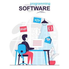 Programming software isolated cartoon concept. Developer programs in php language at computer people scene in flat design. Vector illustration for blogging, website, mobile app, promotional materials.