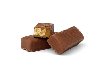 Chocolate sweet with caramel and peanut isolated on white background.