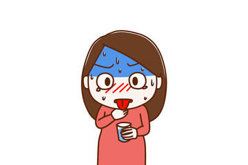 ＜上半身・正面＞喉に何かが詰まって冷や汗を垂らしながら苦しみ水を飲もうとする女性