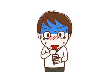 ＜上半身・正面＞喉に何かが詰まって冷や汗を垂らしながら苦しみ水を飲もうとする男性