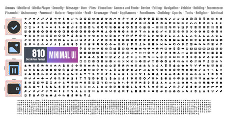 24x24 Pixel Perfect. Basic User Interface Essential Set. 810 Solid Glyph Icons. For App, Web, Print. Round Cap and Round Corner.