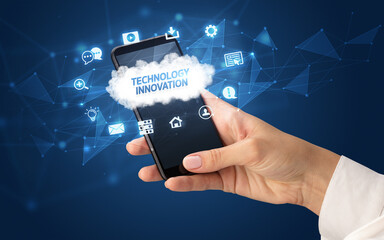 Hand using smartphone with cloud technology concept