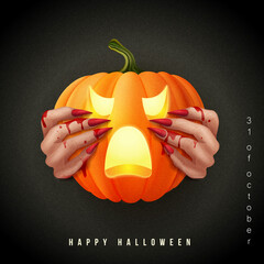 Happy halloween 3D realistic bloody hand holding a scary jack lantern - obrazy, fototapety, plakaty