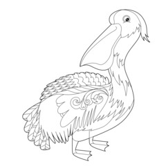 Contour linear illustration for coloring book with decorative pretty pelican. Beautiful cute bird,  anti stress picture. Line art design for adult or kids  in zen-tangle style, tatoo and coloring page