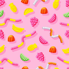 Various jelly candies seamless pattern. Useful gummi sweets. Vitamins. Vector illustration