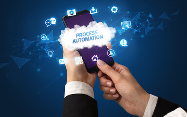 Hand using smartphone with cloud technology concept