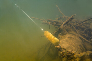 a bronze fishing spoon caught on a river snag