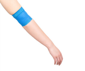 Blue elastic bandage on the elbow joint on the arm, white background, isolate. Elbow fixation concept for sports, orthopedic