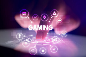 Finger touching tablet with web technology icons concept