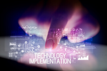 Finger touching tablet with web technology icons concept