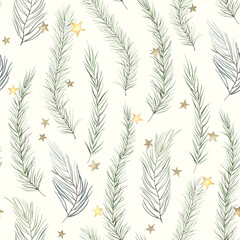 Christmas floral seamless pattern with branches and confetti of golden stars, watercolor holiday illustration on ivory background for textile, wallpaper or wrapping paper.