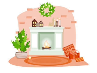 House interior in New Year's style. Fireplace with fire, Christmas tree with balls. Candles, gifts and decorations. Christmas wreath on the wall. The vector is made in a flat style.