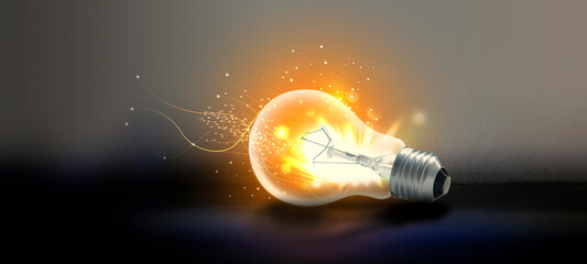 Electric bulb glowing light bulb detail of glass explosion, spark lights - Power backgrounds with...