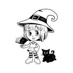 little witch is holding magic book. black cat lies next to the sorceress. anime style. vector. eps