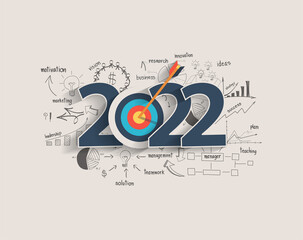 2022 new year target audience concept, Creative thinking drawing charts and graphs business success strategy plan idea on target dart with arrow, Vector illustration modern layout template - obrazy, fototapety, plakaty