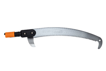 Closeup of a tool head of a pruning saw with Hardened steel saw for cutting the branches of trees...