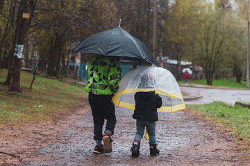 Brother and sister two friends walking in the fall under umbrellas in the rain