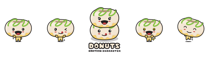 cute donuts mascot, food cartoon illustration, with different facial expressions and poses