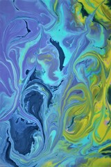 Abstract yellow-blue marble background. The lines and waves of acrylic paint create an interesting structure. Background for web design, fabric, design, laptop case.