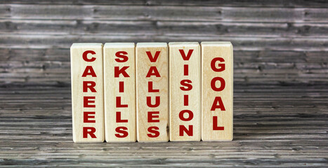 Career, skills, values, vision, goal. The words are written on wooden blocks and a wooden background. Success concept.