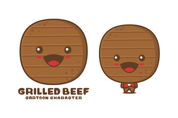 cute grilled beef mascot, food cartoon illustration