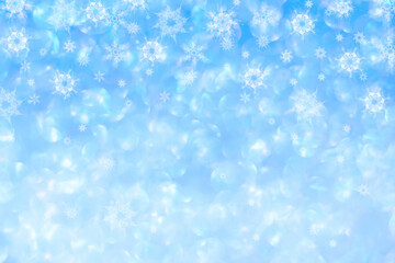 Defocused blue background with fractal snowflaks. Abstract blurred bokeh light