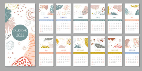 2022 trendy calendar design. Set of 12 months. Week starts on Sunday.Editable calender page template format.Abstract artistic vector illustration.Cute printable template with geometric elements - obrazy, fototapety, plakaty
