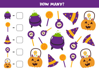 Counting game with cute Halloween pictures. Math worksheet.