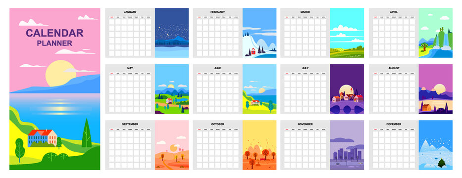 Calendar Planner minimalistic landscape natural backgrounds of four seasons template. Winter, Spring, Summer, Autumn. Monthly for diary business. Week Starts Sunday. Vector flat style isolated