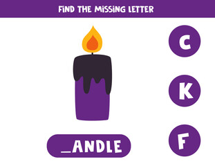 Find missing letter with Halloween candle. Spelling worksheet.