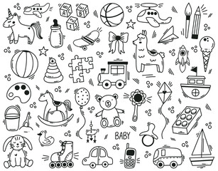 Doodle cute kids toys hand drawn elements. Kindergarten funny children toys, ball, doll, bear and toy car vector illustration set. Cute baby shower toys symbols