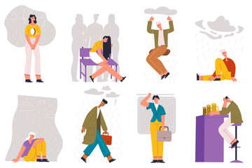 Lonely, depressed, sad socially isolated characters. Sad, lonely, depressed social isolated people vector illustration set. Unhappy, feel loneliness person