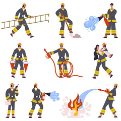 Fototapeta na wymiar Brave firefighters rescue emergency service characters in action. Fireman with fire extinguishing rescue equipment vector illustration set. Firefighters emergency service