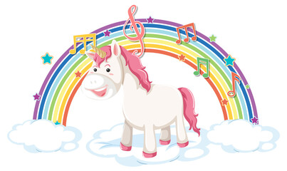 Unicorn standing on cloud with rainbow and melody symbol