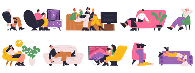 Characters sleeping, working, resting, watching tv on comfy sofas. People spending time, reading on couch vector illustration set. Women and men relaxing on comfy sofa