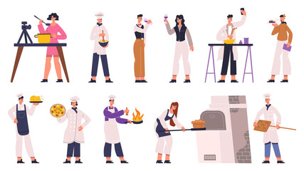 Cooks, chefs, sommelier, food critic and food bloggers. Food review, restaurant chef, wine sommelier and food experts vector Illustration set. Culinary cook characters