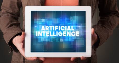 Person holding tablet, technology concept